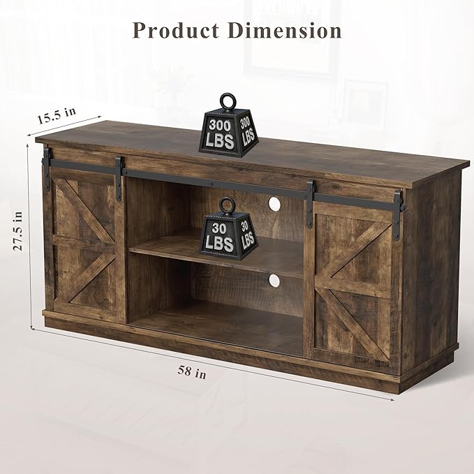 YESHOMY TV Stand for Televisions up to 65 Inches, with Sliding Barn Doors and Storage Cabinets, Console Table and Media Furniture for Living Room, 58 Inch, Barnwood