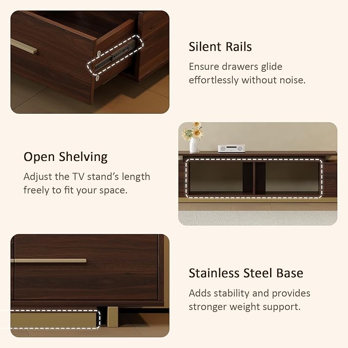 XEW Extendable TV Stand for 55-100 Inch TVs, Modern Mid-Century Walnut Entertainment Center with 4 Drawers, TV Console with Cable Management, Wood Media Console Cabinet for Living Room (63.4”-94.5”L)