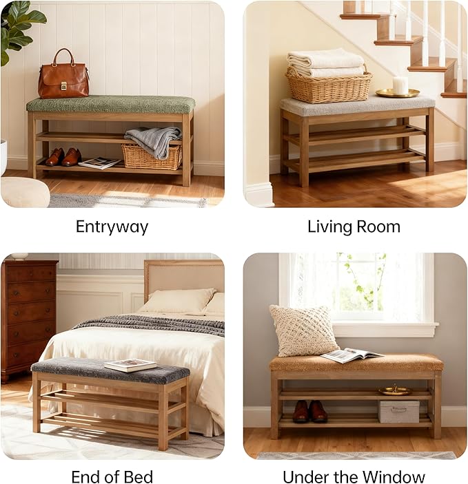 VKNOW Entryway Bench, 44.3” Upholstered Shoe Bench for Bedroom, 2-Tier Storage End of Bed Bench with Rubberwood Legs for Living Room, Hallway, Green