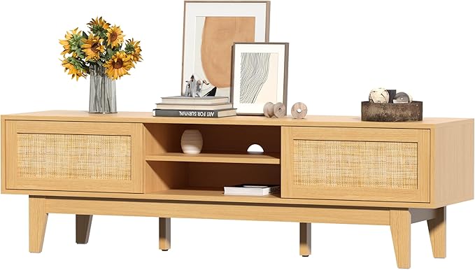 Wooden Rattan TV Stand for 55 65 70 inch TV, Long & Large TV Media Console Table with Storage Cabinets, Boho Farmhouse Entertainment Center for Living Room, Bedroom - Natural