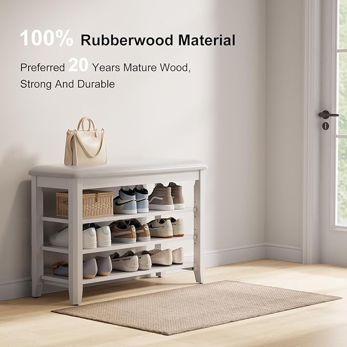 AQIMUELE Shoe Bench with Leather Cushion, 3 Tiers Shoe Storage Bench Height Adjustable, Walnut Wood Entryway Bench for Hallway, Mudroom