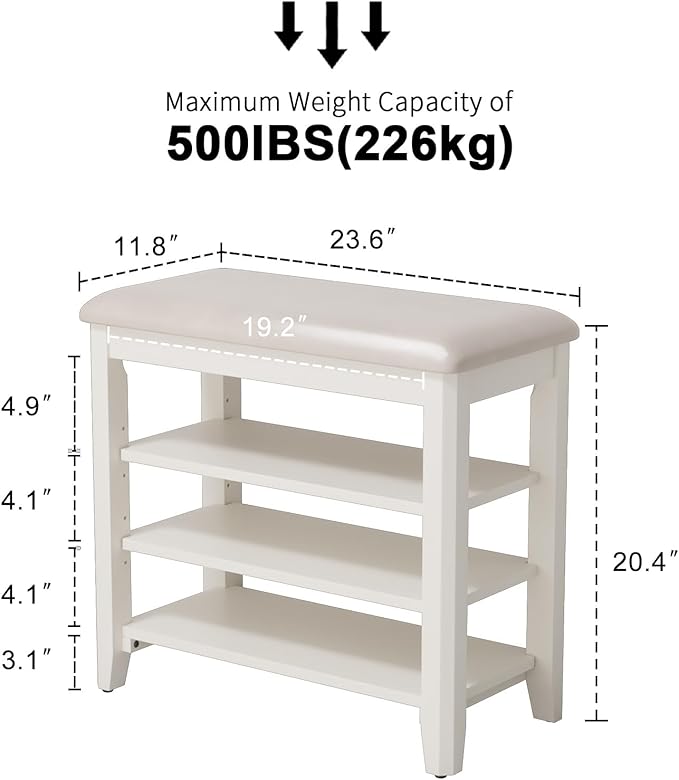 AQIMUELE Shoe Bench with Leather Cushion, 3 Tiers Shoe Storage Bench Height Adjustable, Walnut Wood Entryway Bench for Hallway, Mudroom