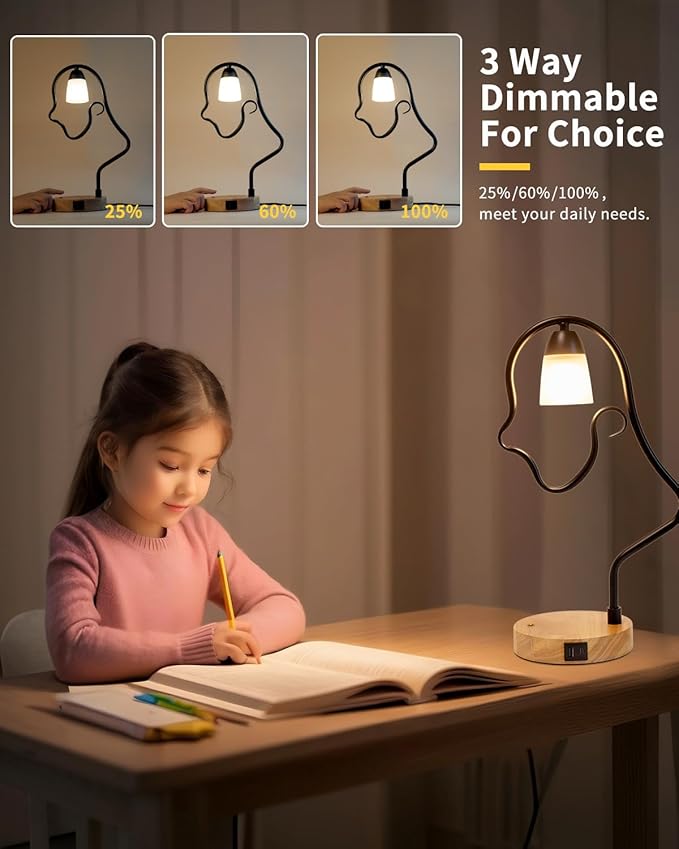 Touch Control Modern Table Lamp - Creative Hat Desk Lamp with USB C and A Ports, Cute Bedside Lamp, Wooden Base,Glass Shade, Unique Lamps for Home Decor, Living Room, Gifts (Hat Not Included)