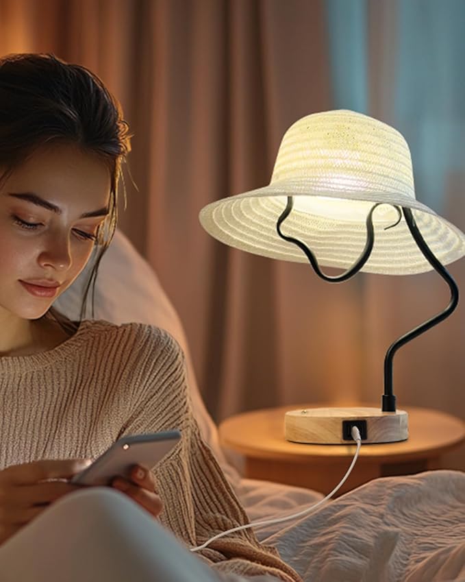 Touch Control Modern Table Lamp - Creative Hat Desk Lamp with USB C and A Ports, Cute Bedside Lamp, Wooden Base,Glass Shade, Unique Lamps for Home Decor, Living Room, Gifts (Hat Not Included)