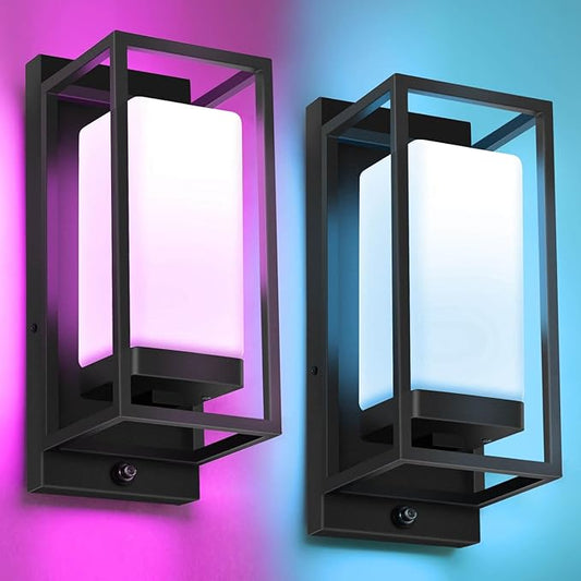Smart Outdoor Wall Light, RGB Color Changing Sconce with App & Voice Control, Dusk to Dawn Outdoor Lighting, Adjustable 2700K–6500K, Waterproof Exterior Light Fixture for House Porch Garage, 2 Pack