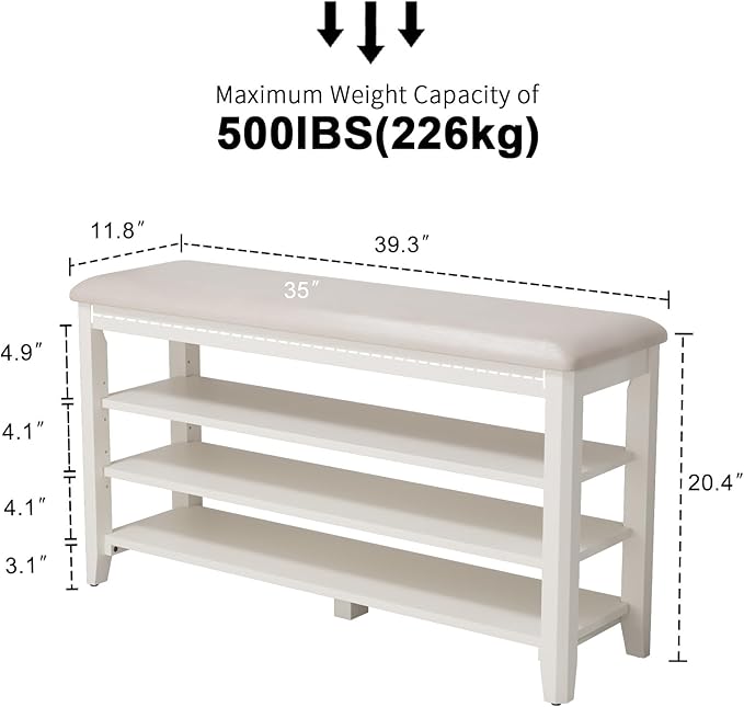 AQIMUELE Shoe Bench with Leather Cushion, 3 Tiers Shoe Storage Bench Height Adjustable, Walnut Wood Entryway Bench for Hallway, Mudroom