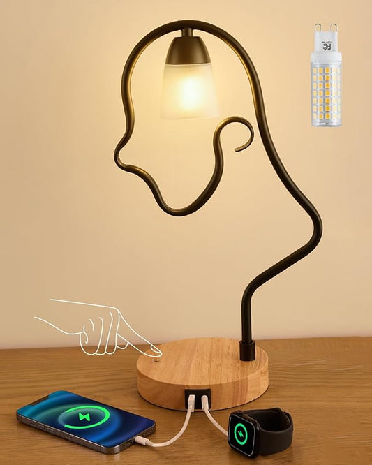 Touch Unique Table Lamp, Creative Cute LED Desk Lamp with USB C+A Ports, 3-Way Dimmable Nightstand Bedside Lamps, for Home Decor & Gifts, Kids Reading, Living Room, Office (Bulb Included)