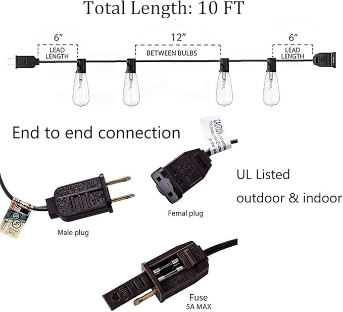 GOOTHY 10Ft Outdoor String Lights with 11 Clear Edison Bulbs (1 Spare) - C9/E17 Base Vintage Patio String Lights - UL Listed for Backyard Wedding Garden Decor - Brown