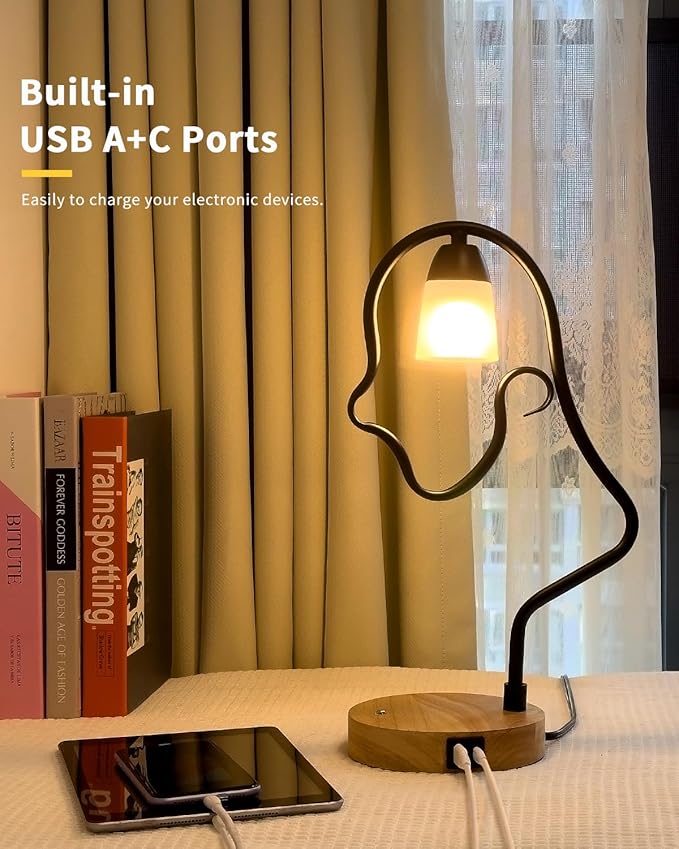 Touch Control Modern Table Lamp - Creative Hat Desk Lamp with USB C and A Ports, Cute Bedside Lamp, Wooden Base,Glass Shade, Unique Lamps for Home Decor, Living Room, Gifts (Hat Not Included)