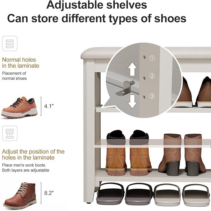 AQIMUELE Shoe Bench with Leather Cushion, 3 Tiers Shoe Storage Bench Height Adjustable, Walnut Wood Entryway Bench for Hallway, Mudroom