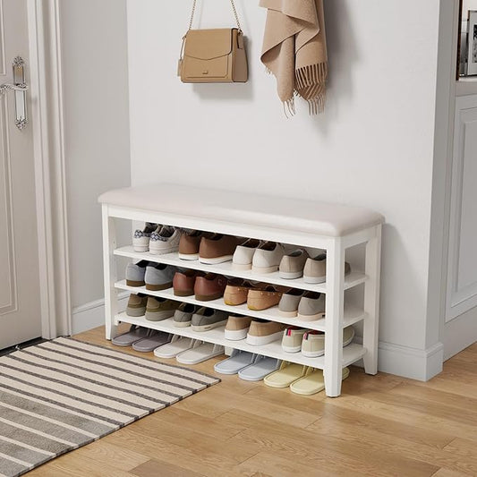 AQIMUELE Shoe Bench with Leather Cushion, 3 Tiers Shoe Storage Bench Height Adjustable, Walnut Wood Entryway Bench for Hallway, Mudroom
