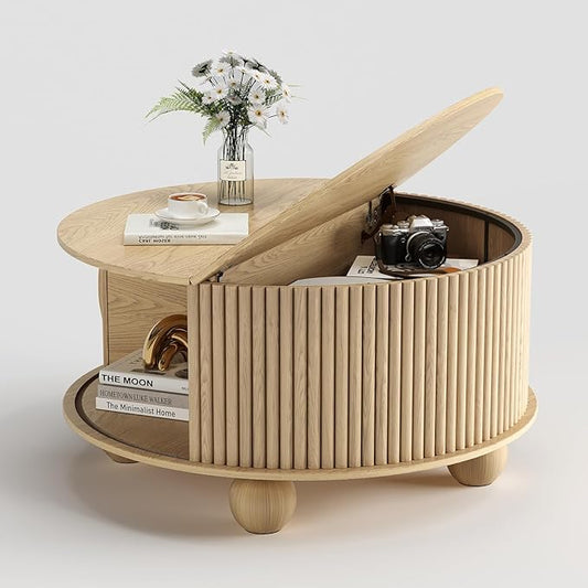 Round Coffee Table with Storage,31.5" Modern Coffee Table with Sliding Tambour Door & Bun Feet,Fluted Accent Center Table for Living Room,Home Small Space,Oak