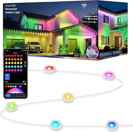 Permanent Outdoor Lights for House, 100ft Smart RGB+IC Color Outdoor Lighting with 63 Scene,IP67 72 LED Eaves Lights for Holiday, Christmas, Daily Lighting, Smart Life APP Control, C5103-A