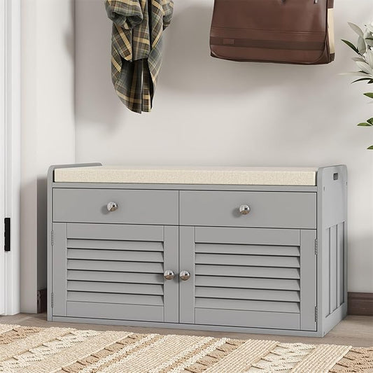 2-Tier Storage Bench, Shoe Bench with Padded Seat Cushion, Entryway Bench with 2 Drawers & Adjustable Shelves, Grey