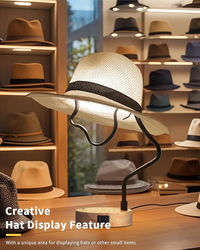 Touch Control Modern Table Lamp - Creative Hat Desk Lamp with USB C and A Ports, Cute Bedside Lamp, Wooden Base,Glass Shade, Unique Lamps for Home Decor, Living Room, Gifts (Hat Not Included)