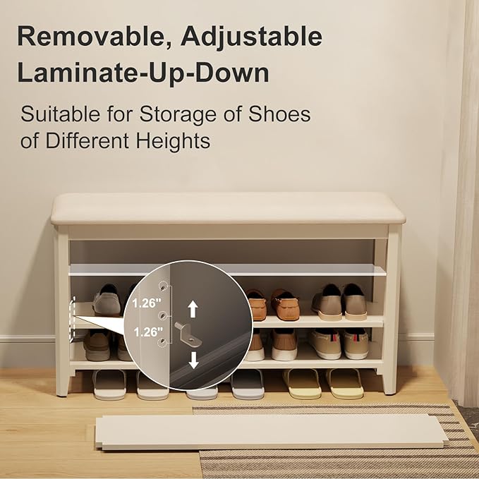 AQIMUELE Shoe Bench with Leather Cushion, 3 Tiers Shoe Storage Bench Height Adjustable, Walnut Wood Entryway Bench for Hallway, Mudroom