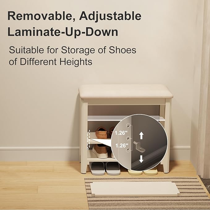 AQIMUELE Shoe Bench with Leather Cushion, 3 Tiers Shoe Storage Bench Height Adjustable, Walnut Wood Entryway Bench for Hallway, Mudroom