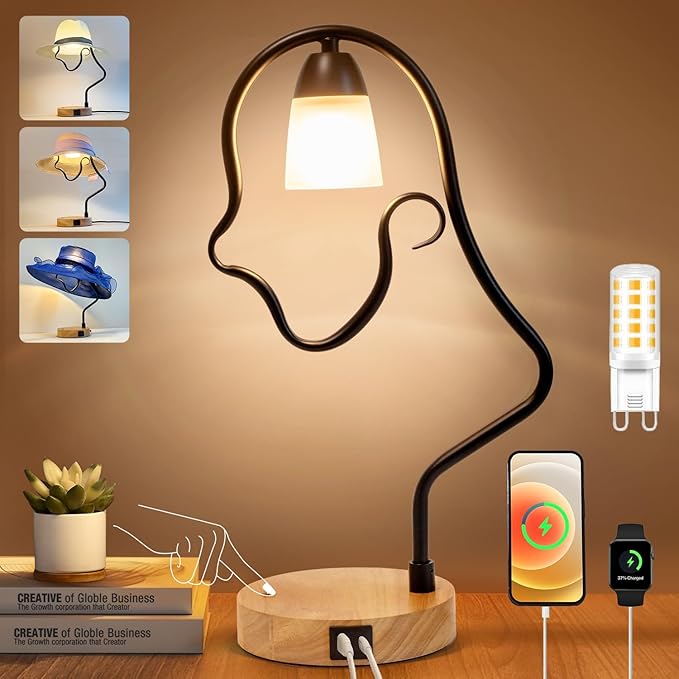 Touch Control Modern Table Lamp - Creative Hat Desk Lamp with USB C and A Ports, Cute Bedside Lamp, Wooden Base,Glass Shade, Unique Lamps for Home Decor, Living Room, Gifts (Hat Not Included)