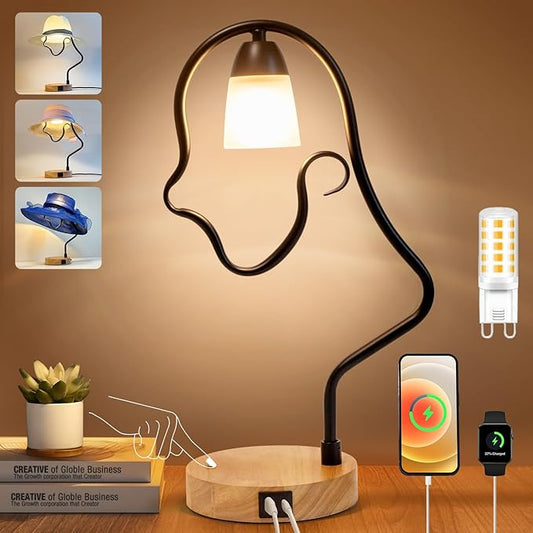 Touch Control Modern Table Lamp - Creative Hat Desk Lamp with USB C and A Ports, Cute Bedside Lamp, Wooden Base,Glass Shade, Unique Lamps for Home Decor, Living Room, Gifts (Hat Not Included)