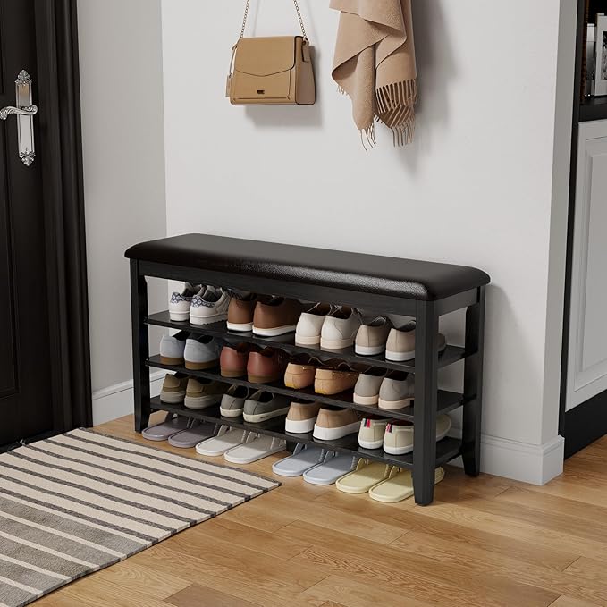 AQIMUELE Shoe Bench with Leather Cushion, 3 Tiers Shoe Storage Bench Height Adjustable, Walnut Wood Entryway Bench for Hallway, Mudroom
