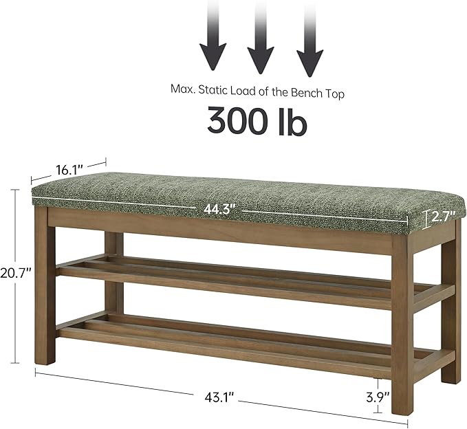 VKNOW Entryway Bench, 44.3” Upholstered Shoe Bench for Bedroom, 2-Tier Storage End of Bed Bench with Rubberwood Legs for Living Room, Hallway, Green