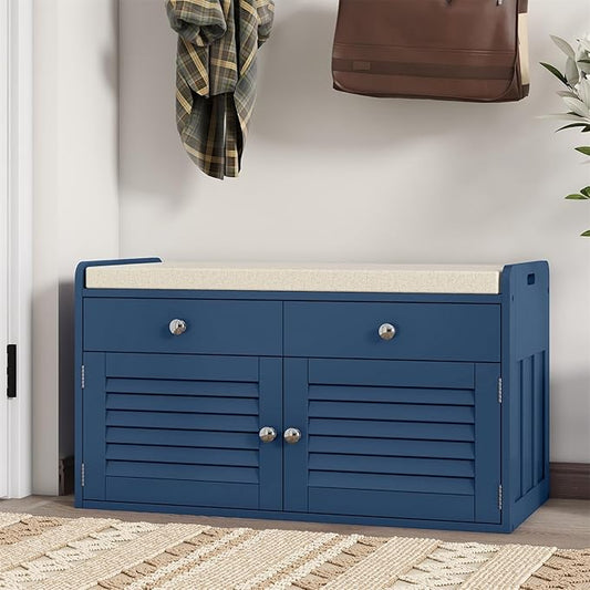 2-Tier Storage Bench, Shoe Bench with Padded Seat Cushion, Entryway Bench with 2 Drawers & Adjustable Shelves, Blue