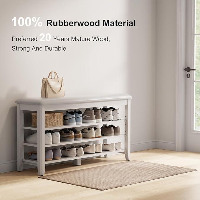 AQIMUELE Shoe Bench with Leather Cushion, 3 Tiers Shoe Storage Bench Height Adjustable, Walnut Wood Entryway Bench for Hallway, Mudroom