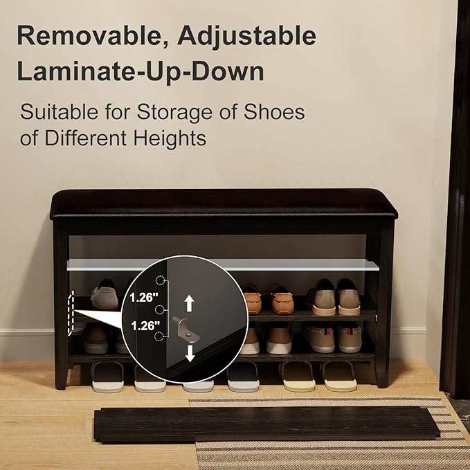 AQIMUELE Shoe Bench with Leather Cushion, 3 Tiers Shoe Storage Bench Height Adjustable, Walnut Wood Entryway Bench for Hallway, Mudroom