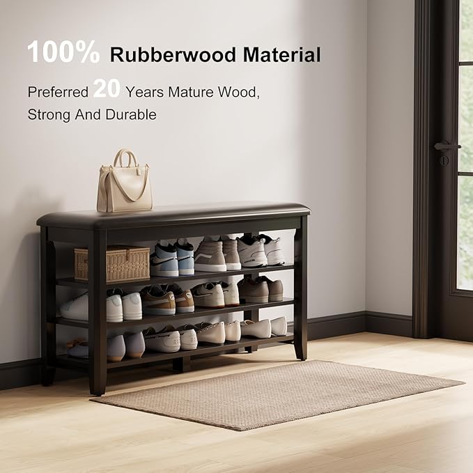 AQIMUELE Shoe Bench with Leather Cushion, 3 Tiers Shoe Storage Bench Height Adjustable, Walnut Wood Entryway Bench for Hallway, Mudroom