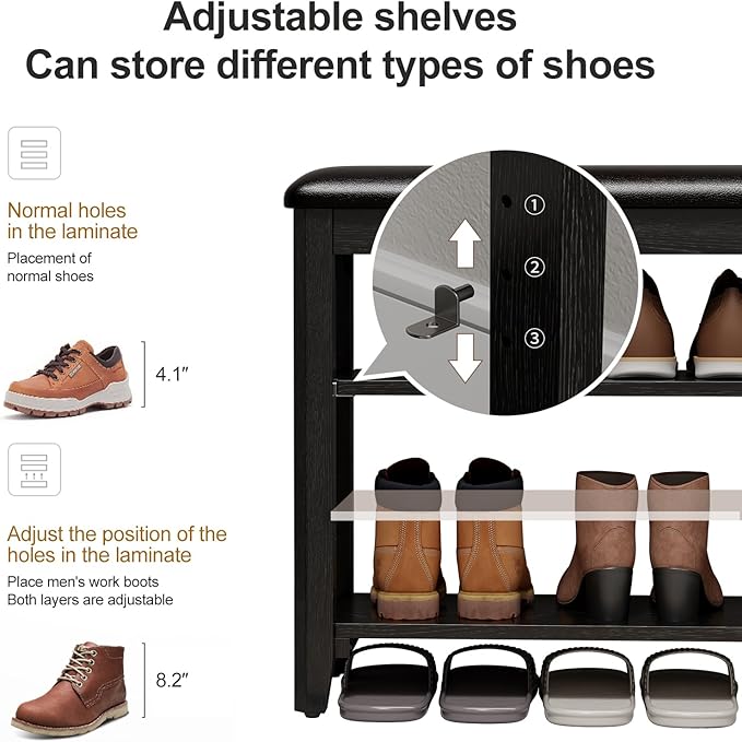 AQIMUELE Shoe Bench with Leather Cushion, 3 Tiers Shoe Storage Bench Height Adjustable, Walnut Wood Entryway Bench for Hallway, Mudroom