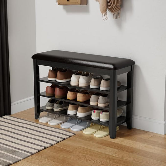 AQIMUELE Shoe Bench with Leather Cushion, 3 Tiers Shoe Storage Bench Height Adjustable, Walnut Wood Entryway Bench for Hallway, Mudroom