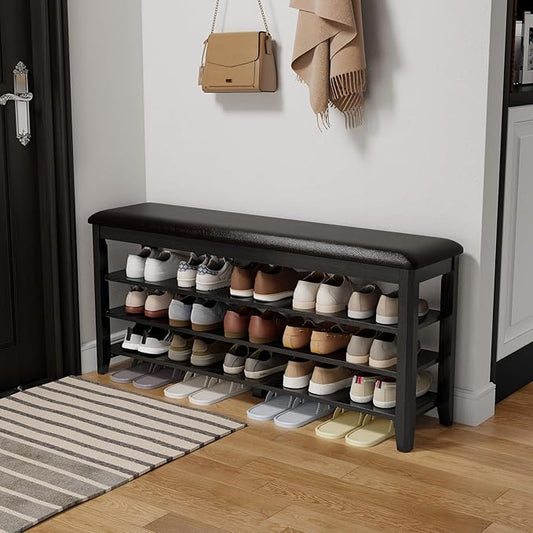 AQIMUELE Shoe Bench with Leather Cushion, 3 Tiers Shoe Storage Bench Height Adjustable, Walnut Wood Entryway Bench for Hallway, Mudroom