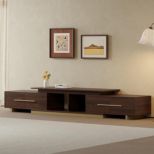 XEW Extendable TV Stand for 55-100 Inch TVs, Modern Mid-Century Walnut Entertainment Center with 4 Drawers, TV Console with Cable Management, Wood Media Console Cabinet for Living Room (63.4”-94.5”L)