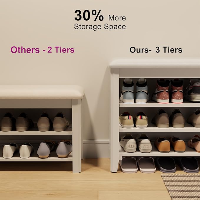 AQIMUELE Shoe Bench with Leather Cushion, 3 Tiers Shoe Storage Bench Height Adjustable, Walnut Wood Entryway Bench for Hallway, Mudroom