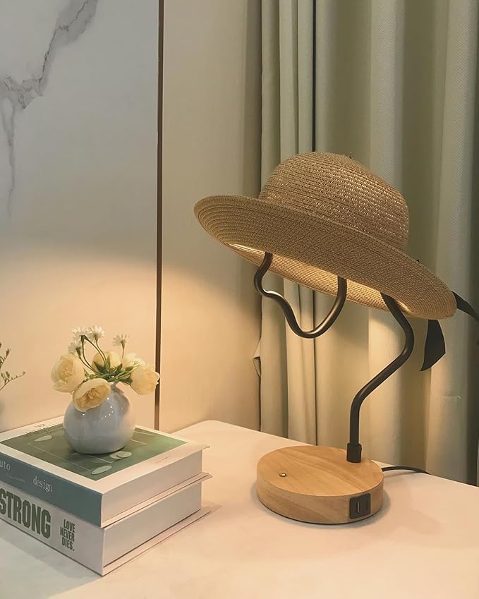 Touch Control Modern Table Lamp - Creative Hat Desk Lamp with USB C and A Ports, Cute Bedside Lamp, Wooden Base,Glass Shade, Unique Lamps for Home Decor, Living Room, Gifts (Hat Not Included)