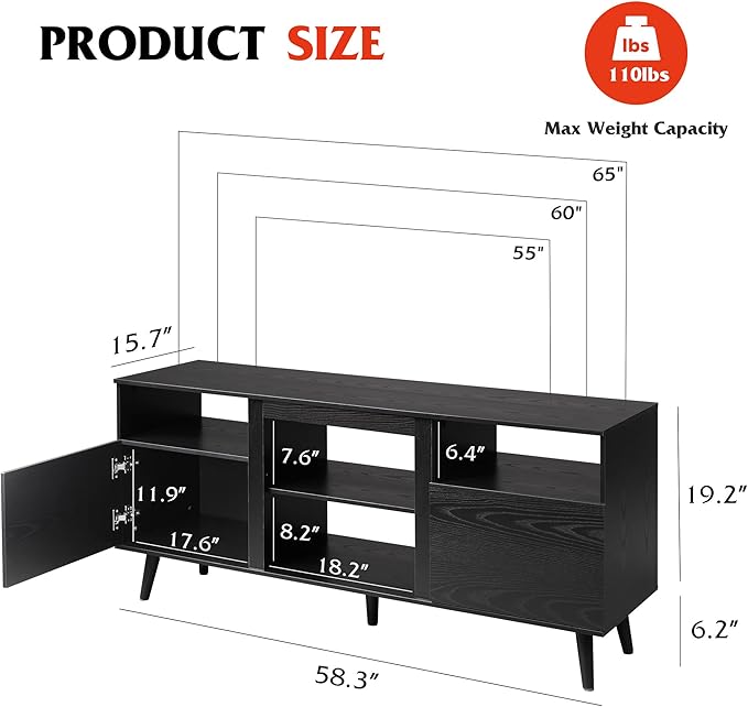 WLIVE TV Stand for 65 Inch TV, 58 inch Entertainment Center with 2 Storage Cabinets, Media Console for Living Room, Bedroom and Office, Black