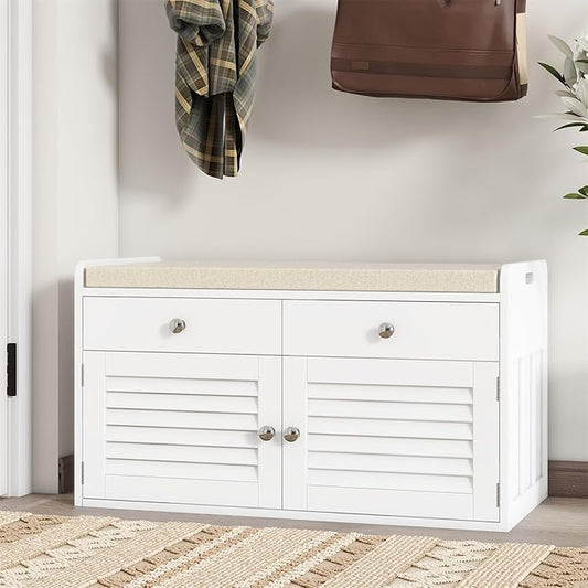 2-Tier Storage Bench, Shoe Bench with Padded Seat Cushion, Entryway Bench with 2 Drawers & Adjustable Shelves, White