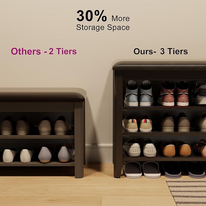 AQIMUELE Shoe Bench with Leather Cushion, 3 Tiers Shoe Storage Bench Height Adjustable, Walnut Wood Entryway Bench for Hallway, Mudroom