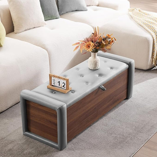 48" Large Storage Ottoman Bench, Faux Leather Upholstered Bed Bench with Button Tufted, End of Bed Ottoman with Safety Hinge for Bedroom, Living Room, Window，or Entryway, Drak Grey Shoe Storage Chest