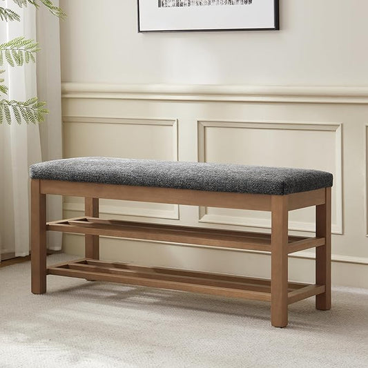 VKNOW Entryway Bench, 44.3” Upholstered Shoe Bench for Bedroom, 2-Tier Storage End of Bed Bench with Rubberwood Legs for Living Room, Hallway, Black