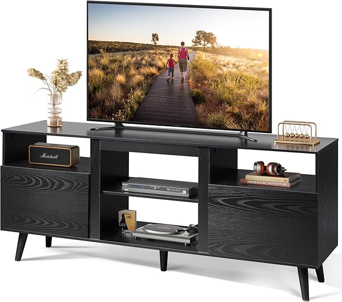 WLIVE TV Stand for 65 Inch TV, 58 inch Entertainment Center with 2 Storage Cabinets, Media Console for Living Room, Bedroom and Office, Black