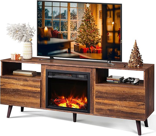 WLIVE TV Stand for 65 Inch TV, 58 Inch Entertainment Center with 18 Inch Electric Fireplace, Media Console with 2 Storage Cabinets for Living Room, Bedroom and Office, Rustic Brown
