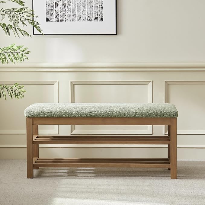VKNOW Entryway Bench, 44.3” Upholstered Shoe Bench for Bedroom, 2-Tier Storage End of Bed Bench with Rubberwood Legs for Living Room, Hallway, Green
