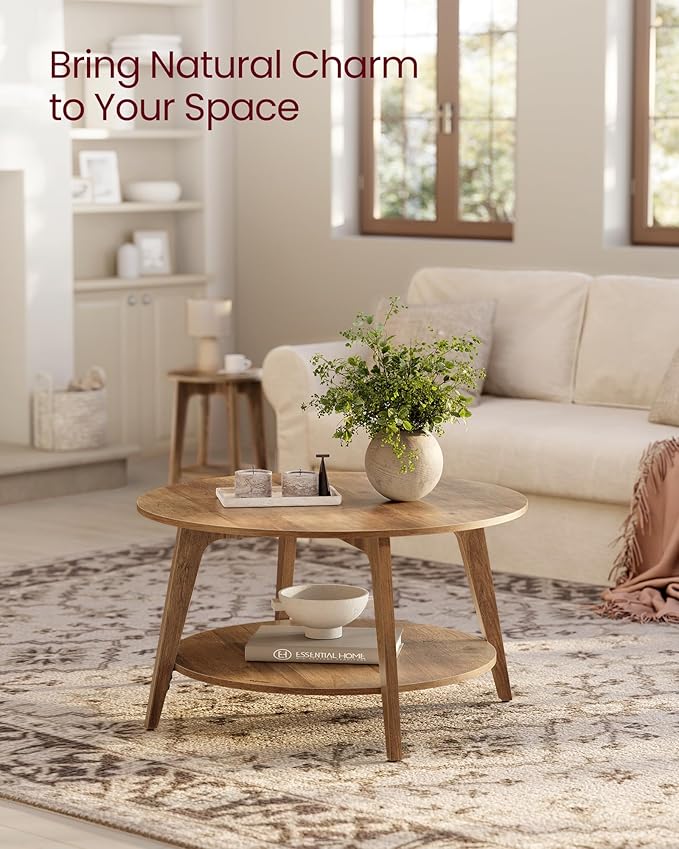 VASAGLE MAEZO Collection - Round Coffee Table, 2-Tier Center Table with Storage, Tapered Legs, Curved Transitions, 31.5 Dia. x 17.7 H Inches, Easy Assembly, for Living Room, Honey Brown ULCT243K41