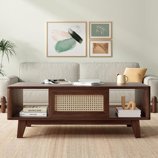 Soohow Coffee Table, Mid Century Living Room Tables with Storage, Modern Square with Rattan Drawer, Wooden Living Room Table with Solid Wood Leg