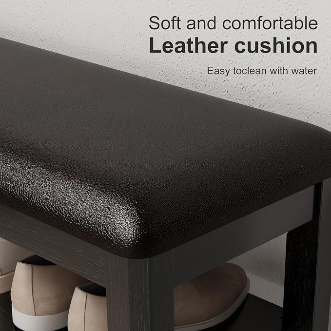 AQIMUELE Shoe Bench with Leather Cushion, 3 Tiers Shoe Storage Bench Height Adjustable, Walnut Wood Entryway Bench for Hallway, Mudroom