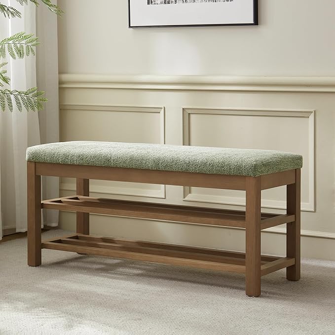 VKNOW Entryway Bench, 44.3” Upholstered Shoe Bench for Bedroom, 2-Tier Storage End of Bed Bench with Rubberwood Legs for Living Room, Hallway, Green