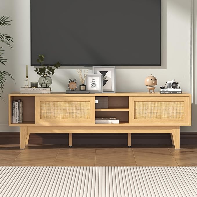 Wooden Rattan TV Stand for 55 65 70 inch TV, Long & Large TV Media Console Table with Storage Cabinets, Boho Farmhouse Entertainment Center for Living Room, Bedroom - Natural