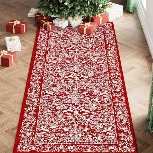 HUGEAR Christmas Area Rug 2x6 Runner Rugs Machine Washable Hallway Rugs Low Pile Carpet Red/White Non-Slip Indoor Door Mat Christmas Deer Rug for Bedroom Kitchen Entryway Bathroom