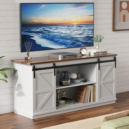 YESHOMY Farmhouse TV Stand for Televisions up to 65 Inches, Sliding Barn Doors and Storage Cabinets, Console Table and Media Furniture for Living Room, 58 Inch, Milk White